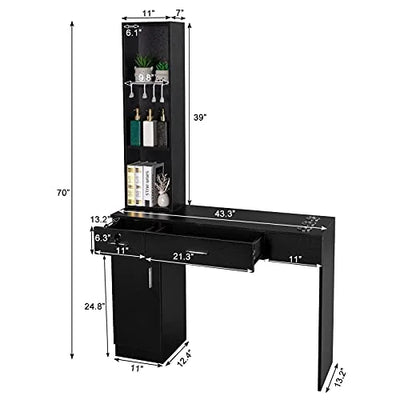 OmySalon Barber Station Wall Mount Salon Hair Styling Beauty Spa Equipment w/ 2 Drawers, 1 Storage Cabinet, 3 Open Shelves (Black)