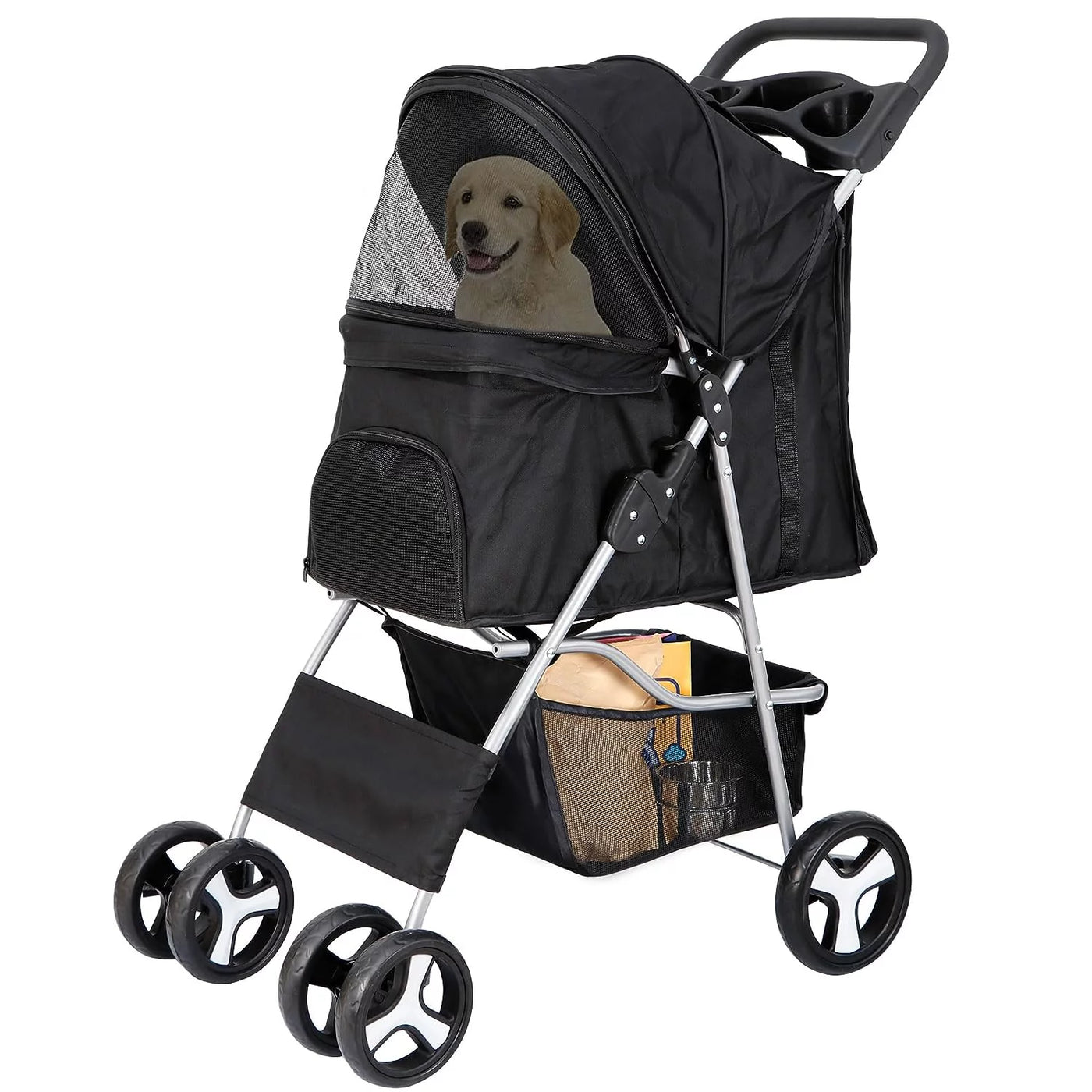 Pet Stroller 4 Wheels Dog Cat Stroller for Small Medium Dog Cats Carrier Jogger Travel Foldable Puppy Stroller with Storage Basket and Cup Holder