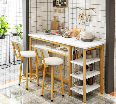 3-Piece Bar Table and Chairs Set, Modern White Faux Marble Table with 2 PU Cushion Bar Stools, Kitchen Counter with 3 Tier Storage Shelves, Space Saving Table for Home & Kitchen, Gold Frame