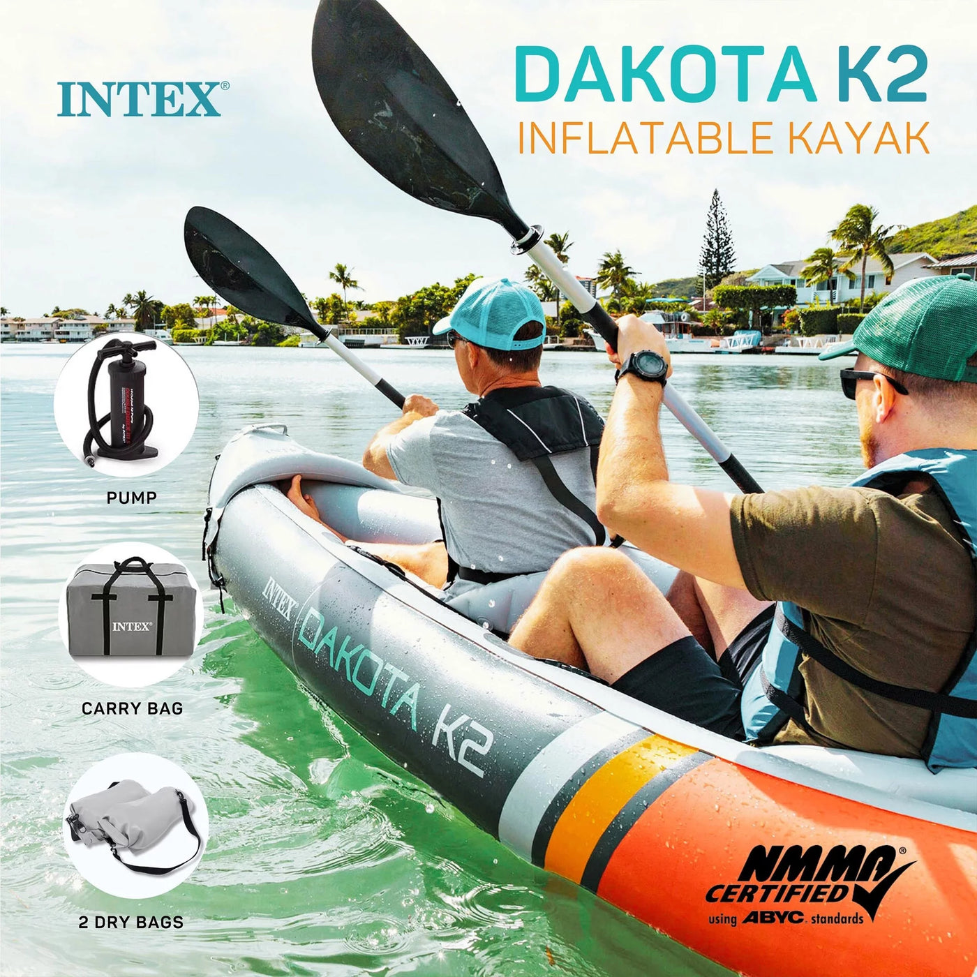 Open Box Intex Dakota K2 2 Person Vinyl Inflatable Kayak with Oars and Pump