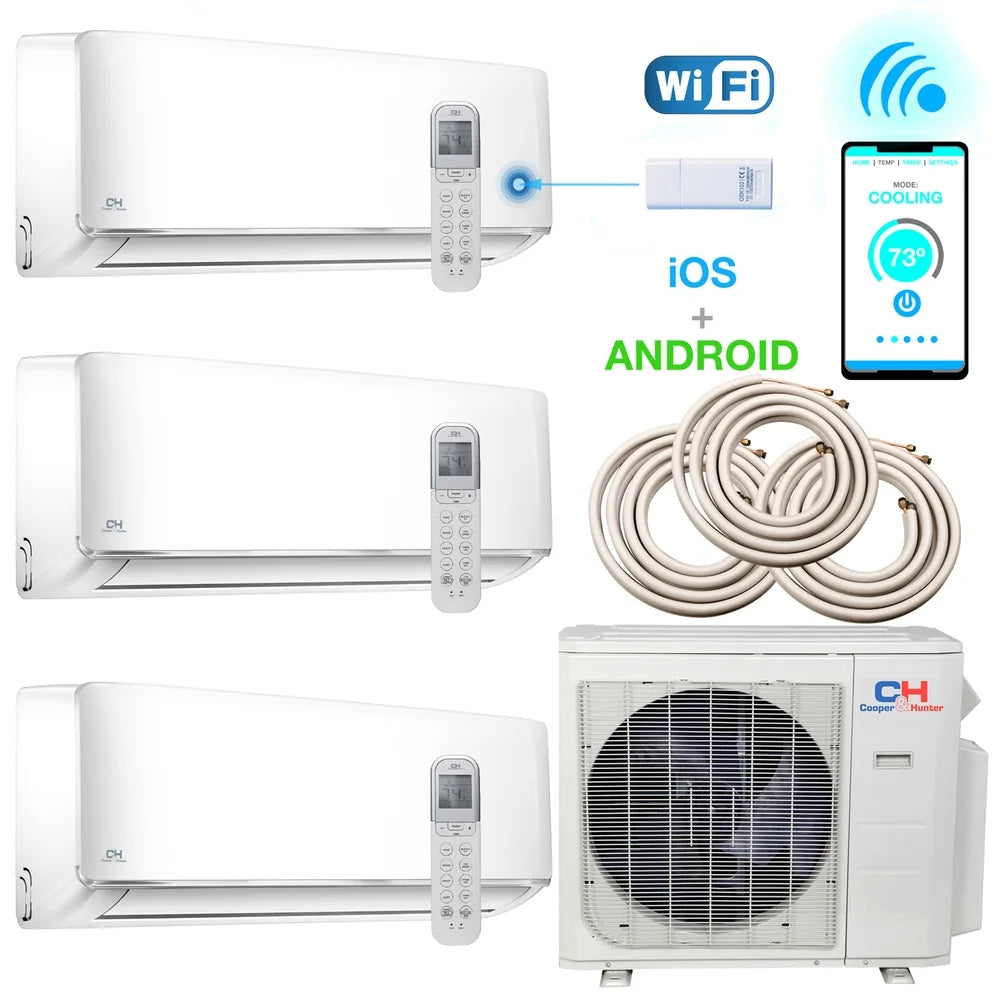 Cooper & Hunter 36000 BTU Quad Zone Ductless Mini Split 12K+12K+12k Wall Mount With 3 x Line Set Kit