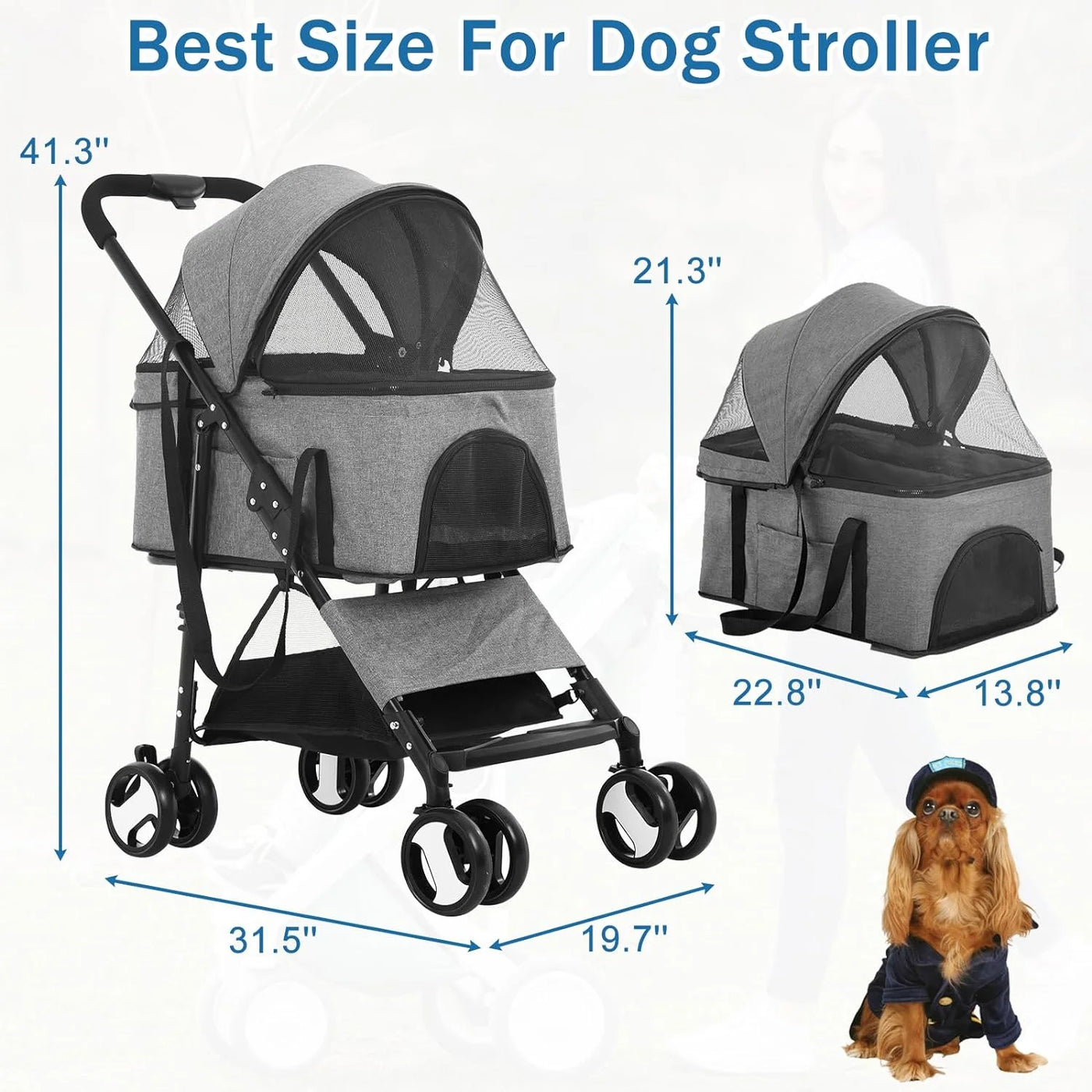 Dkeli 4 Wheels Dog Stroller Folding Pet Stroller Cat Stroller for Medium Dogs with Detachable Carrier, Grey