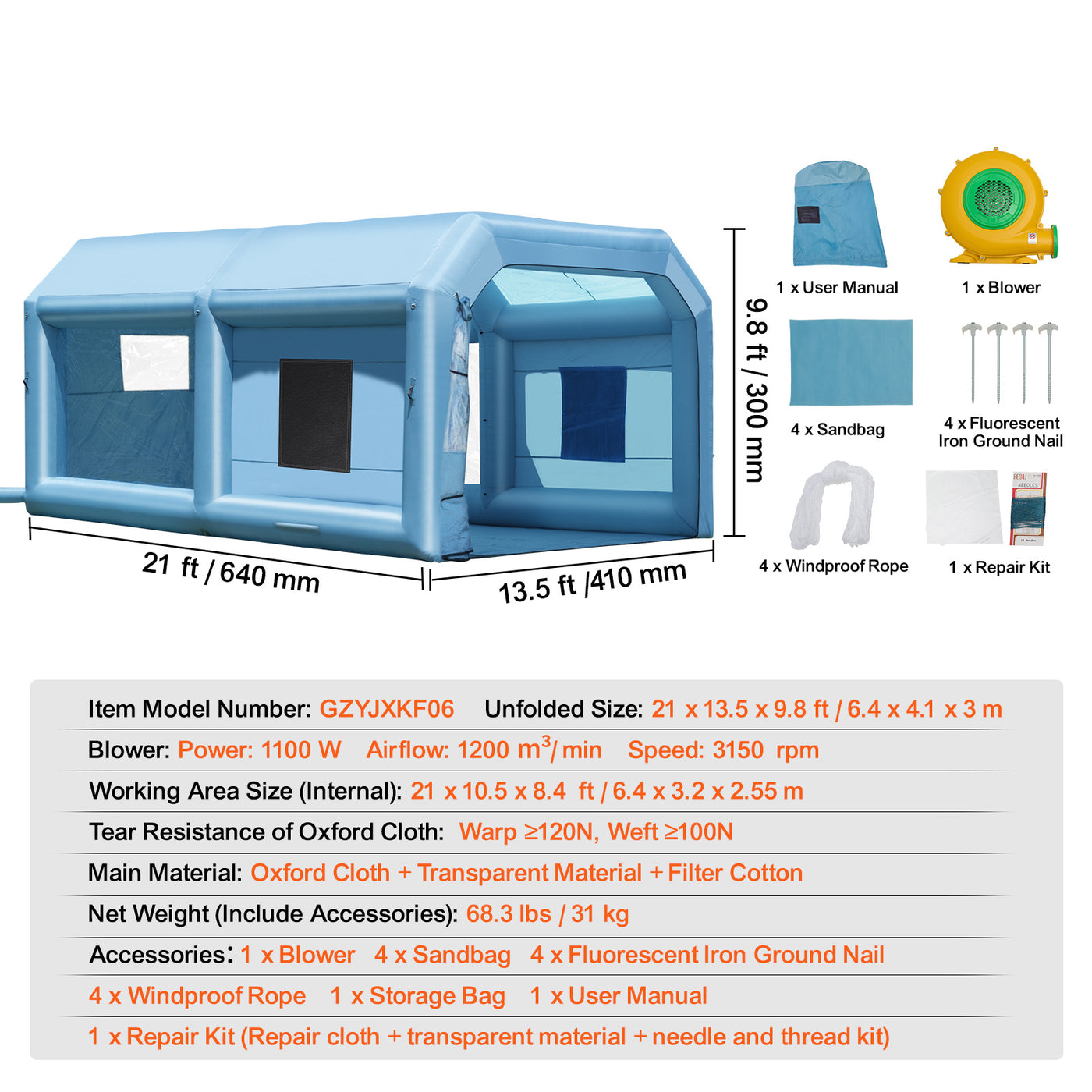 SKYSHALO Portable Spray Shelter, 21x13.5x9.8 ft, Includes 1100W Blower & Filtration System, Ideal for Mid-Size Vehicles & Bulky Furniture