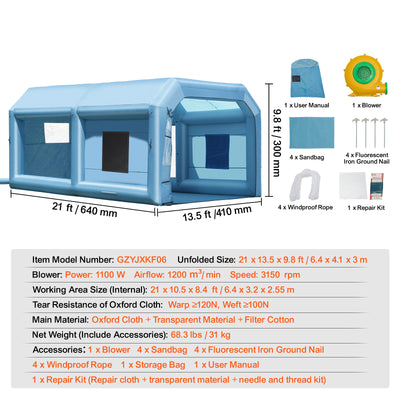 SKYSHALO Portable Spray Shelter, 21x13.5x9.8 ft, Includes 1100W Blower & Filtration System, Ideal for Mid-Size Vehicles & Bulky Furniture