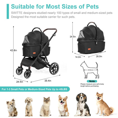 SWITTE Pet Stroller Foldable Dog & Cat Stroller 3-in-1 4 Wheels Travel Jogger, Black