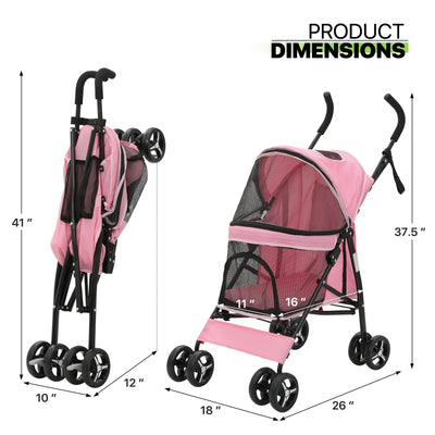 Magshion 4 Wheel Foldable Lightweight Dog Stroller for Small Medium Dogs, Pet Stroller, (Pink)