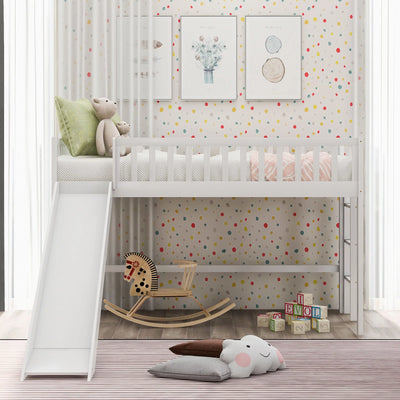 :Low Loft Bed with Slide and Ladder, Twin Size, White - Fun Slide, Space-Saving Design, Perfect for Kids