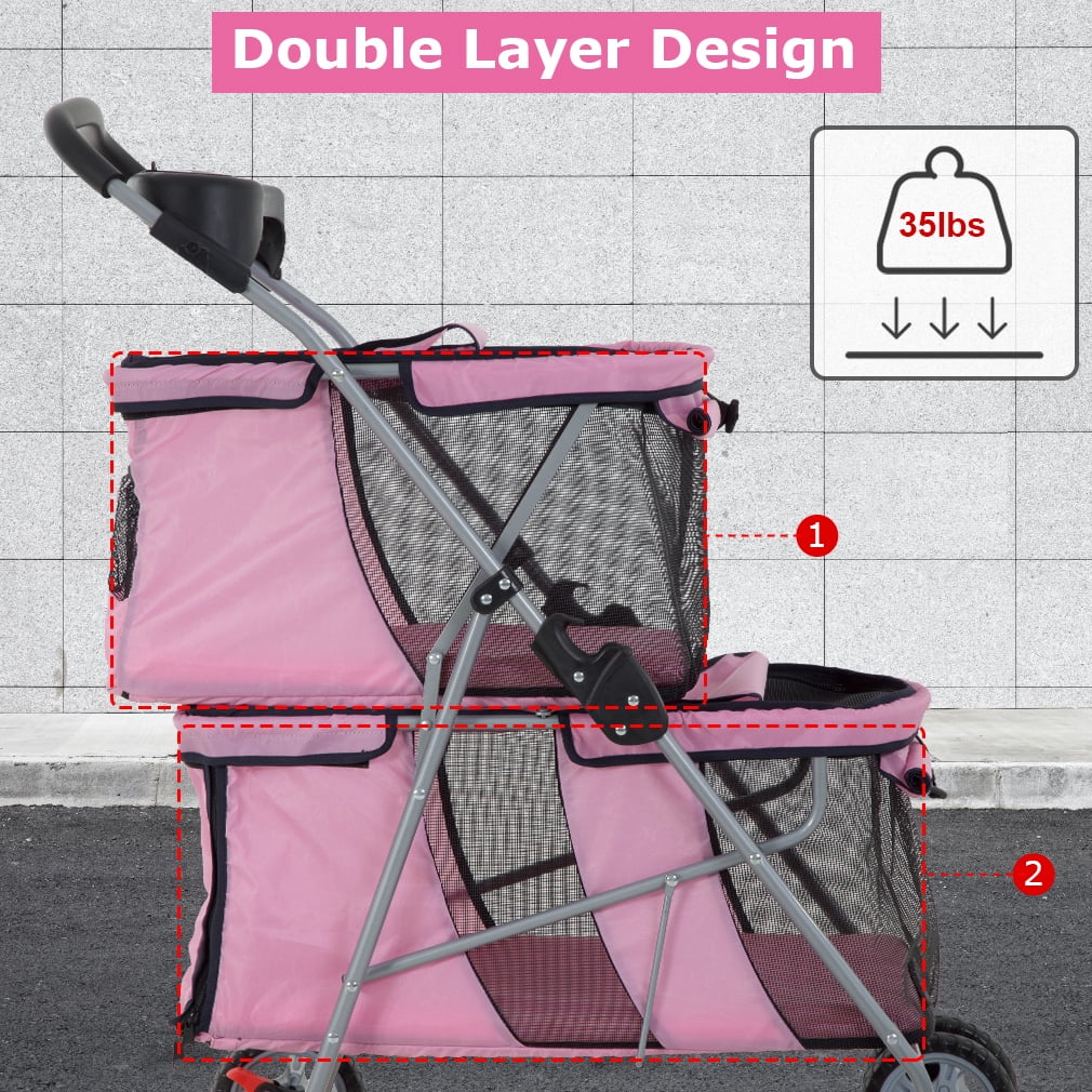 YRLLENSDAN Dog Stroller Cat Stroller Pet Carriers Bag Jogger Stroller for Small Medium Dogs Cats Travel Camping 4 Wheels Lightweight Waterproof Folding Crate Stroller with Soft Pad (Pink)