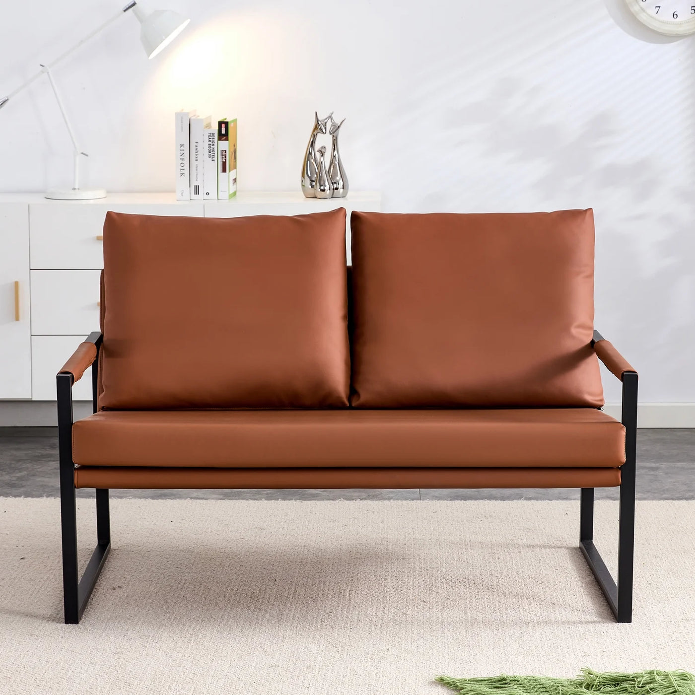 Modern Two-Seater Sofa Chair with 2 Pillows - PU Leather High-Density Foam Black Coated Metal Frame.Brown SF-D008