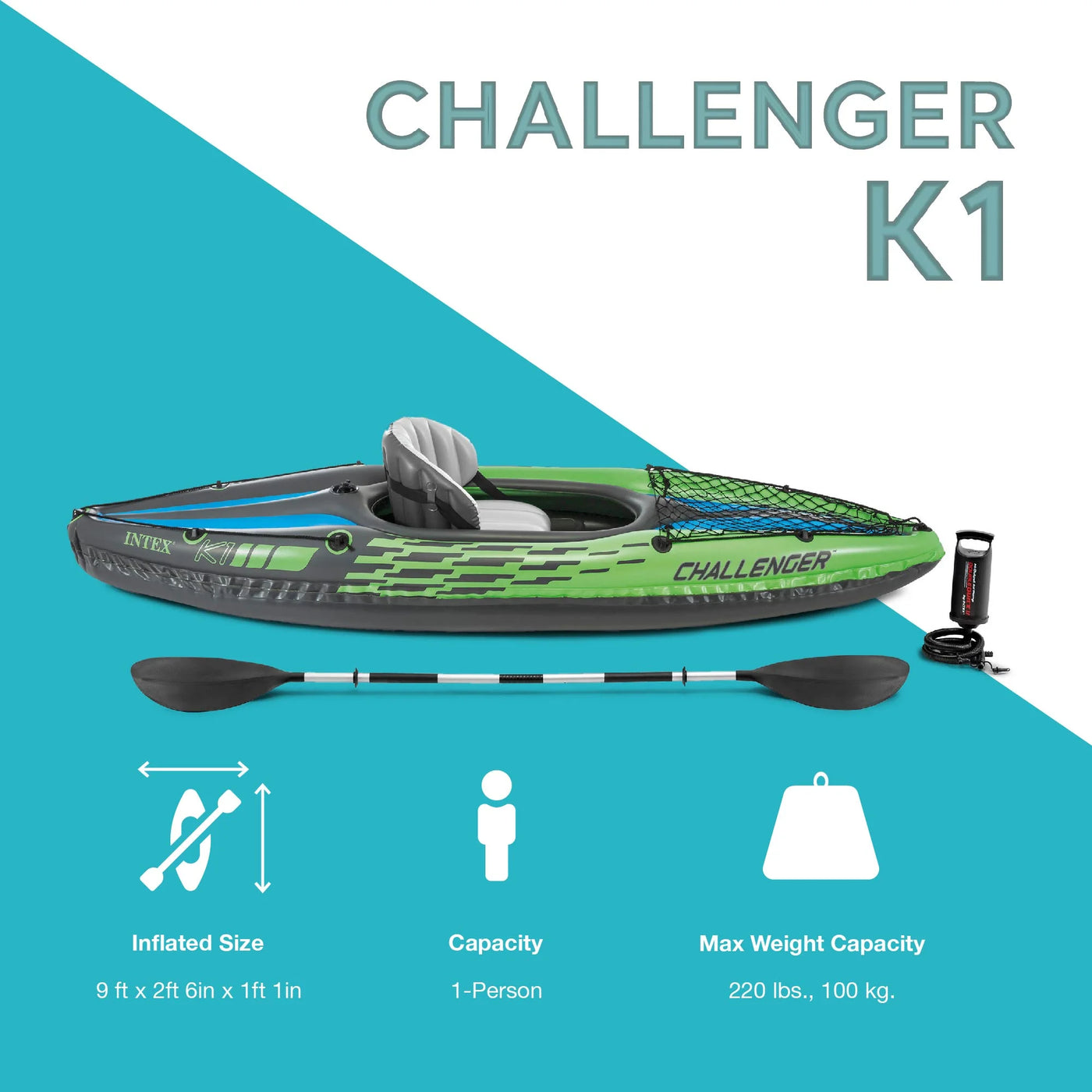 Intex Challenger K1 Single Person Inflatable Fishing Kayak Set Accessory Kit Oars & Pump