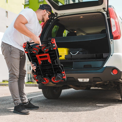 LAZY BUDDY Folding Hand Truck Dolly, 2-in-1 Heavy-duty Platform Cart with 22" Folding Basket, Collapsible Utility Luggage Dolly Cart, Red, 330LBS