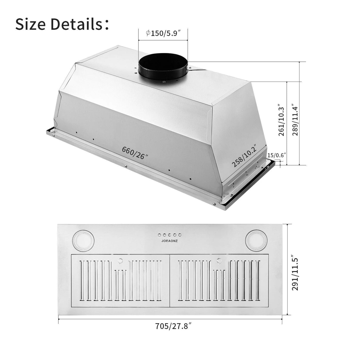 Zomagas 30 inch Built-in Range Hood 600CFM Stainless Steel Kitchen Cook Insert Vent with Led Lights