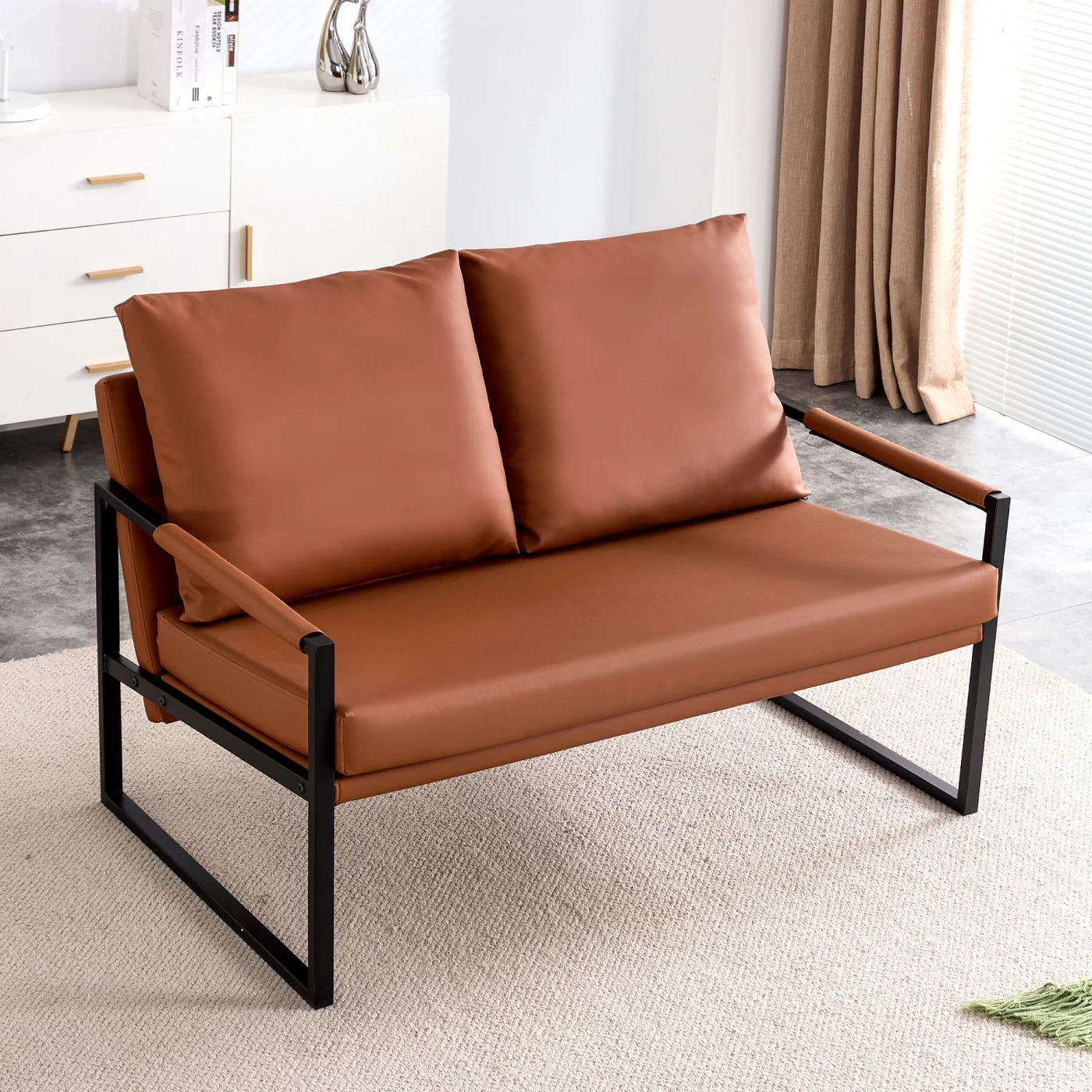 Modern Two-Seater Sofa Chair with 2 Pillows - PU Leather High-Density Foam Black Coated Metal Frame.Brown SF-D008