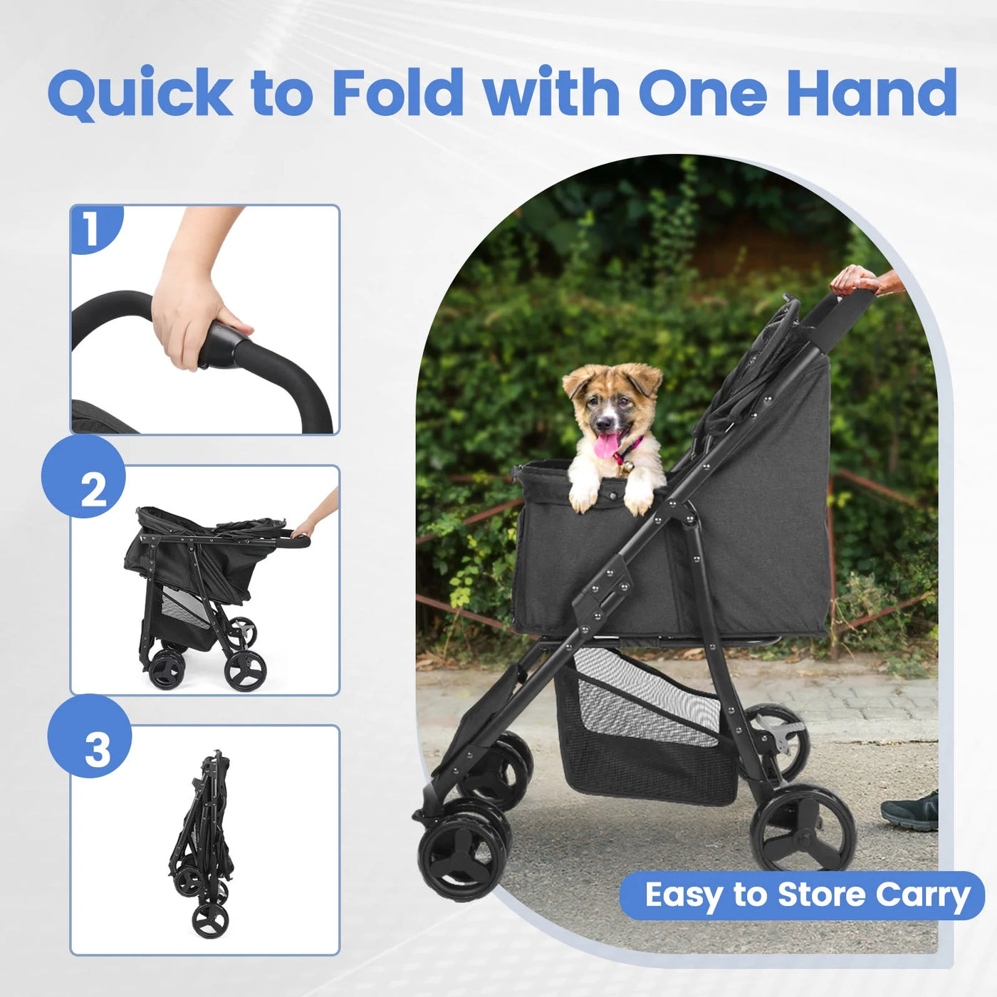 4 Wheel Dog Stroller, Wedyvko Foldable Pet Stroller with Storage Basket for Small Medium Dogs & Cats (Black)