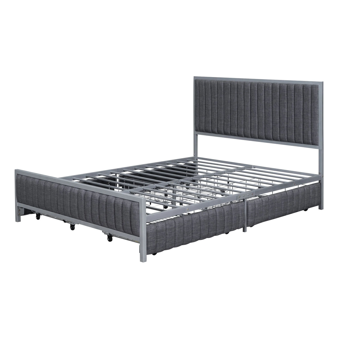 Roomfitters Full Size Metal Frame Upholstered Bed with 4 Drawers, Linen Fabric, Gray