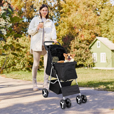 Pet Stroller 4 Wheels Dog Cat Stroller for Small Medium Dogs Cats Foldable Puppy Stroller with Storage Basket and Cup Holder