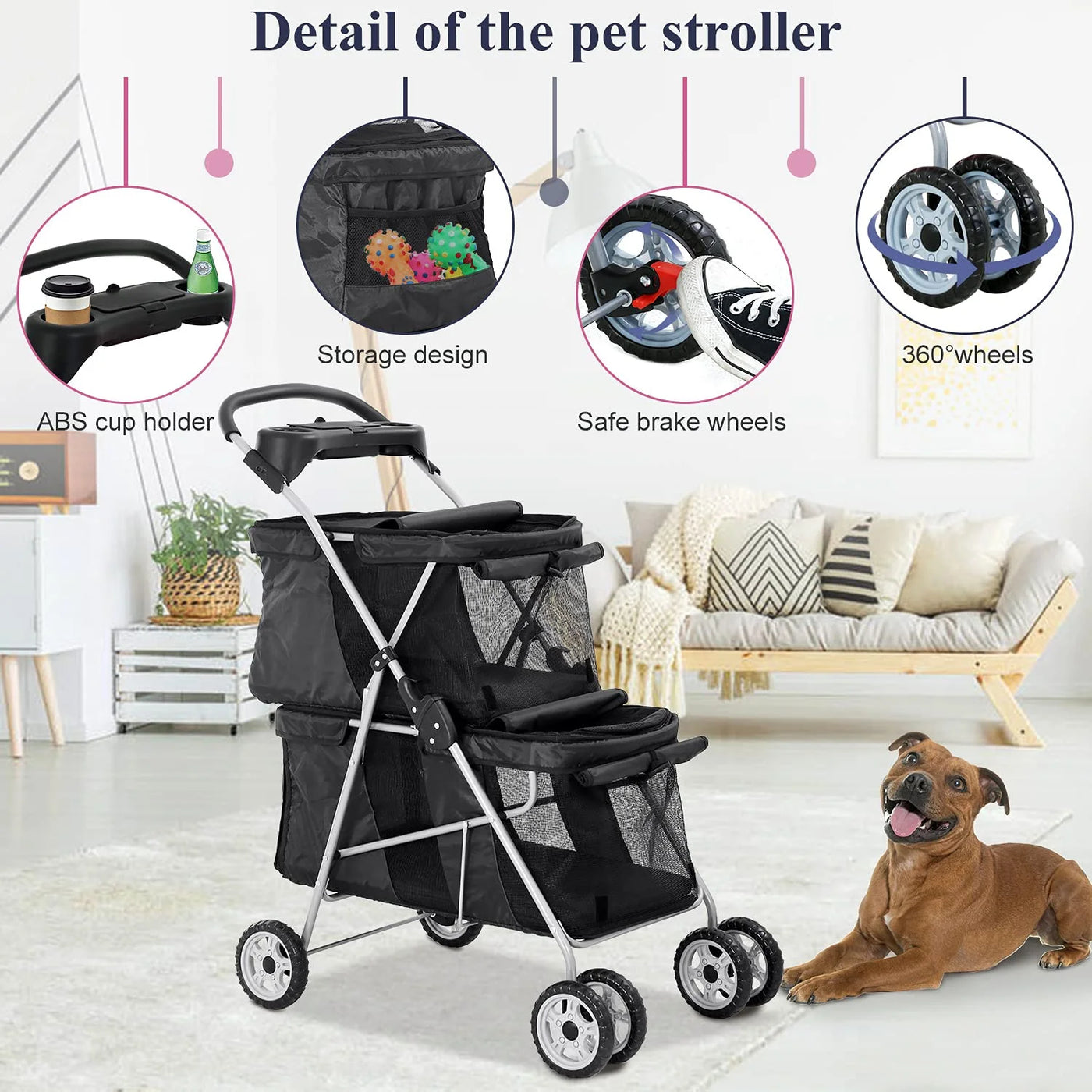 4 Wheels Pet Stroller Dog Cat Stroller, Foldable 2 Cages Strollers Kitten Puppy Carriages w/Cup Holders Soft Pad for Small Medium Dogs Cats (Black)