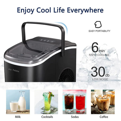 Joy Pebble Bullet Ice Maker Countertop with Handle,9 Bullet Ice Cubes Ready in 6 Mins,26Lbs/24H, Self-Cleaning Portable Ice Machine with Basket and Scoop, for Home/Kitchen/Camping/RV