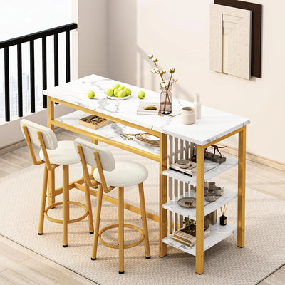 3-Piece Bar Table and Chairs Set, Modern White Faux Marble Table with 2 PU Cushion Bar Stools, Kitchen Counter with 3 Tier Storage Shelves, Space Saving Table for Home & Kitchen, Gold Frame