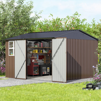 JAXPETY 10 x 10 ft Outdoor Metal Storage Shed with Window & Lockable Door for Garden, Backyard, Tool Storage Use, Brown