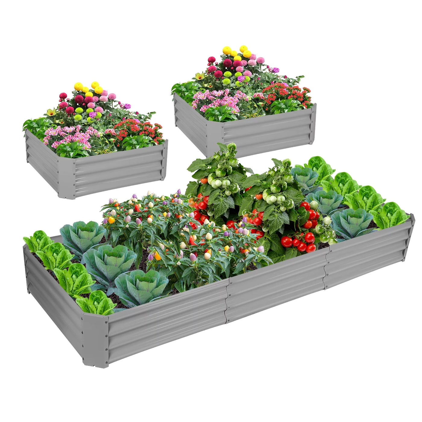 2 Pack 8x3x1ft Galvanized Raised Garden Bed Metal Above Ground Planter Box Kit Outdoor for Vegetables Flowers Herbs, Adjustable to 4 different sizes of rectangular steel bottomless shelves(Gray)