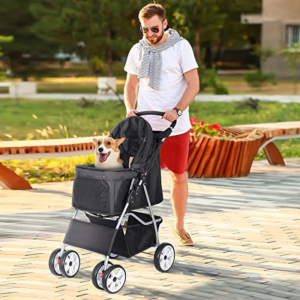 BBBuy 4 Wheels Foldable Pet Dog Cat Jogger Stroller Travel Carrier Strolling Cart w/Waterproof Cover Storage Basket Cup Holder & Removable Liner for Medium Small Cat Dog, Black