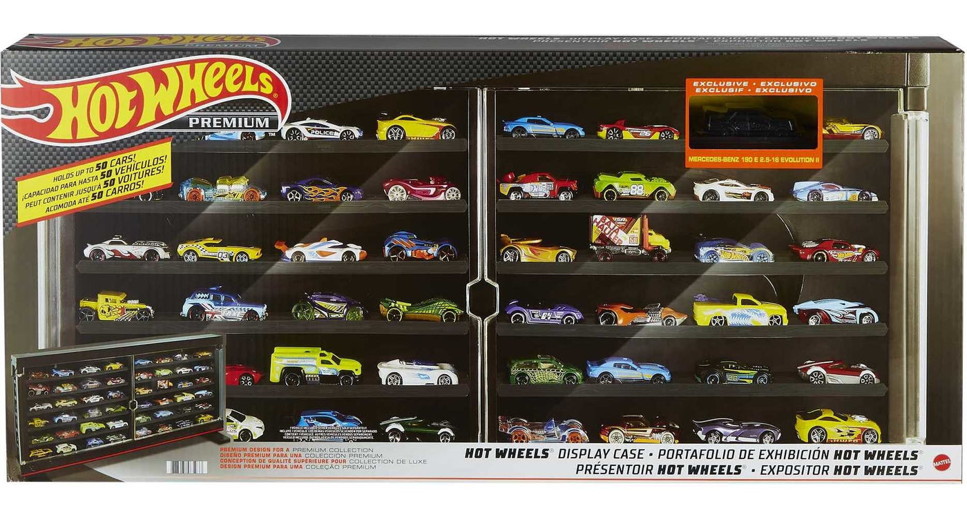 Hot Wheels Display Case with Exclusive Mercedes-Benz 190E 1:64 Scale Sports Car