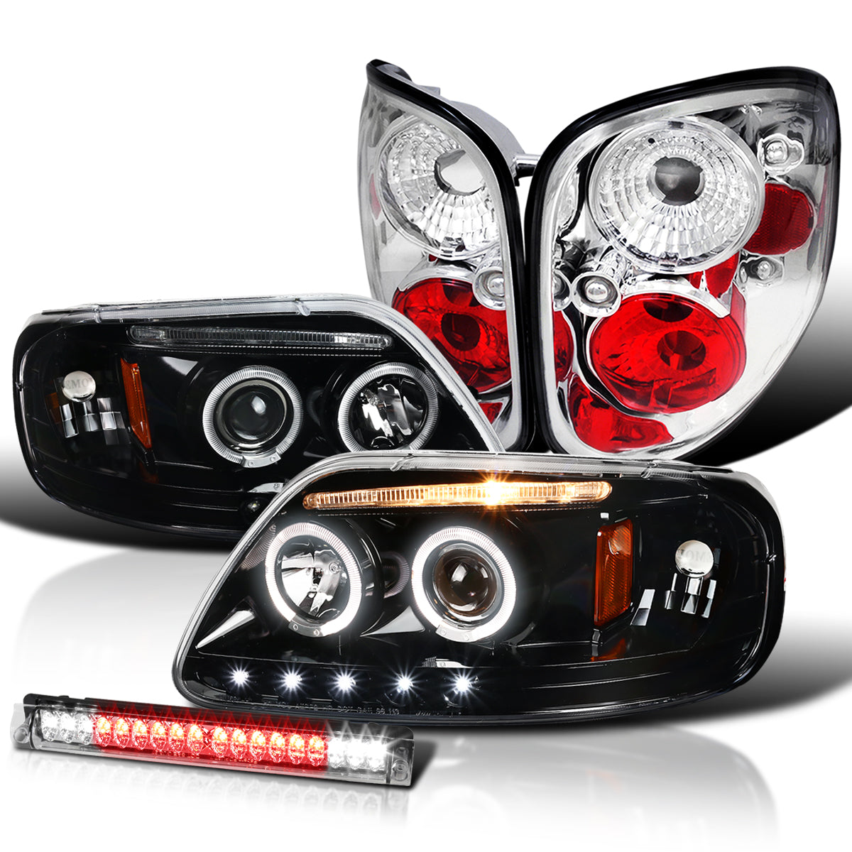 Spec-D Tuning JDM Black LED Strip Projector Headlights w/ 6-LED Fog Lamp Compatible with Ford F150 Left + Right Pair Headlamps Assembly