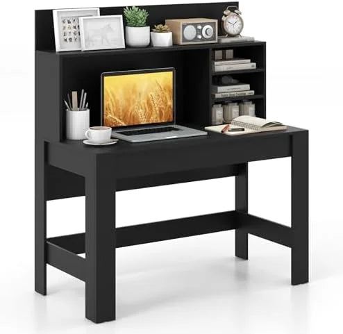 TJUNBOLIFE Computer Desk with Bookshelf 48" Home Office Writing Desk with Anti-Tipping Kits & Cable Management Hole Modern Study Table Workstation for Small Space Bedroom (Black