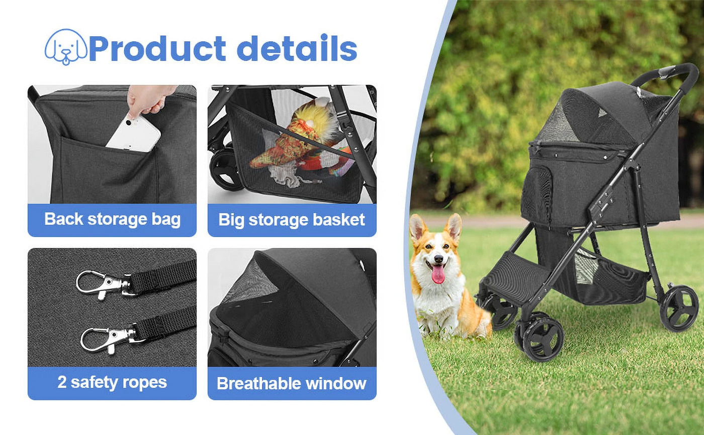 4 Wheel Dog Stroller, Wedyvko Foldable Pet Stroller with Storage Basket for Small Medium Dogs & Cats (Black)