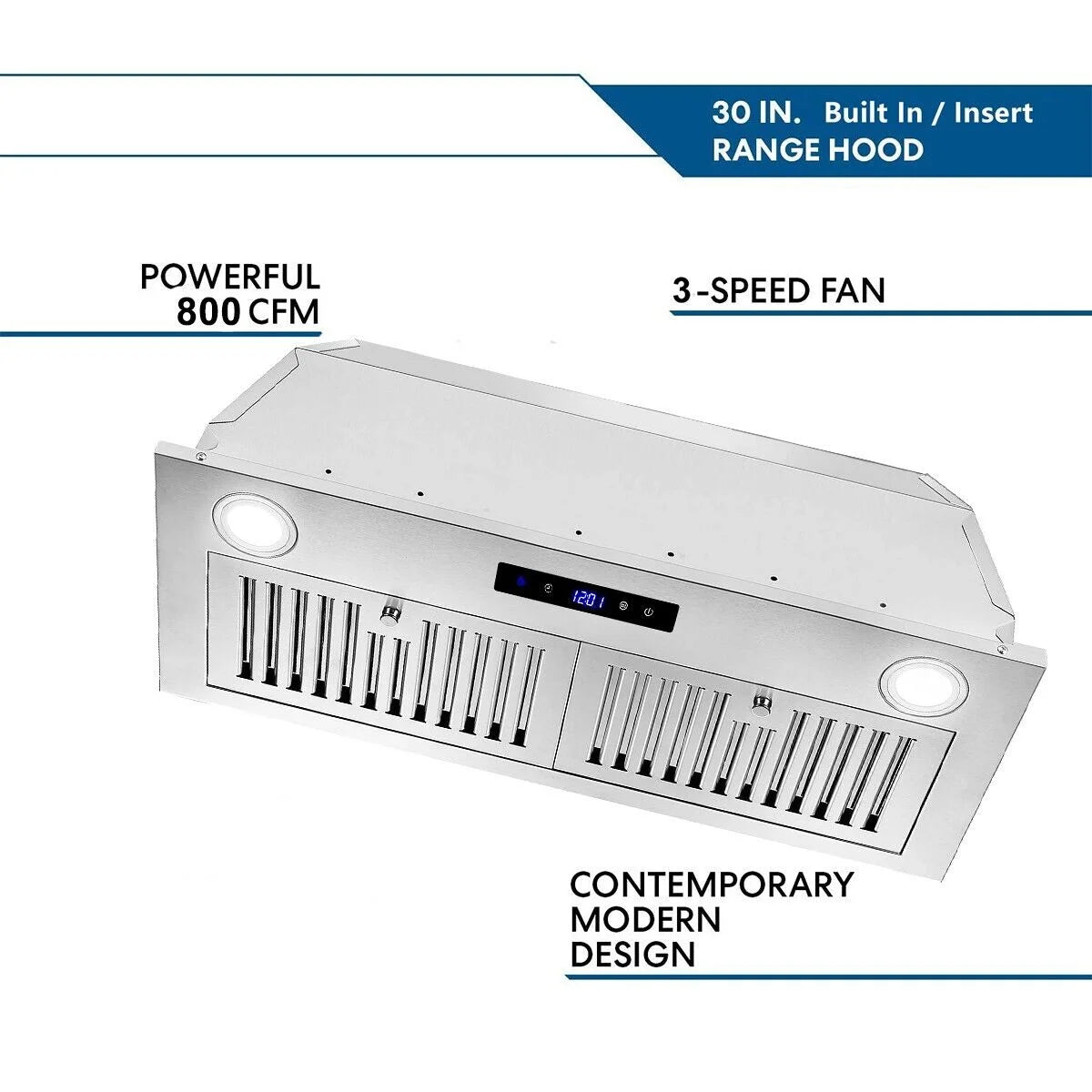 30 inch Built-In Range Hood 800CFM Kitchen Insert Stove Vent 3-Speed Touch Panel