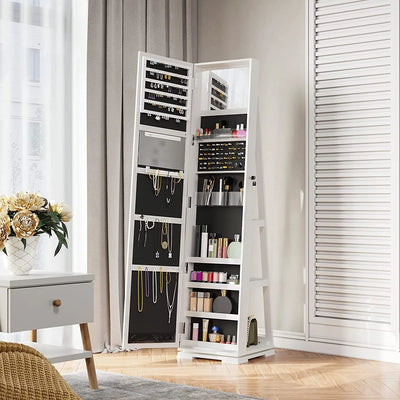 Dextrus 360° Swivel Jewelry Cabinet, Lockable Standing Jewelry Armoire with Full-Length Mirror, Rear Storage Shelves, White