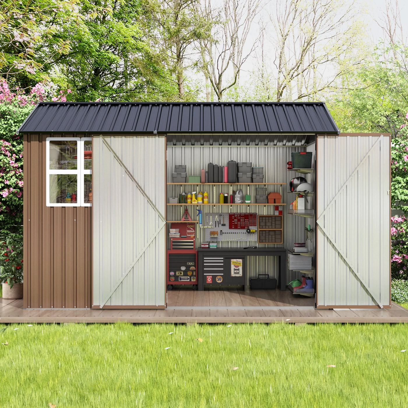 JAXPETY 10 x 10 ft Outdoor Metal Storage Shed with Window & Lockable Door for Garden, Backyard, Tool Storage Use, Brown