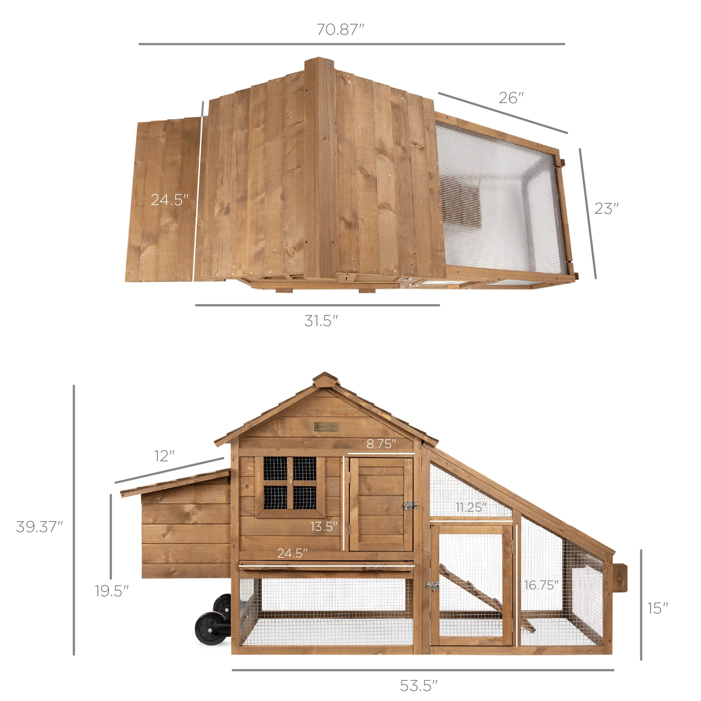 Best Choice Products 70in Mobile Fir Wood Chicken Coop Tractor Hen House w/ Wheels, 2 Doors, Nest Box, Removable Tray