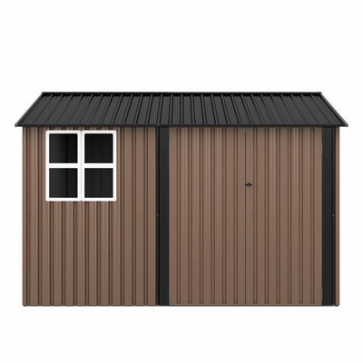 JAXPETY 10 x 10 ft Outdoor Metal Storage Shed with Window & Lockable Door for Garden, Backyard, Tool Storage Use, Brown