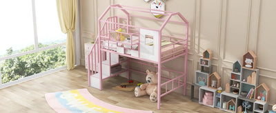 Pink Twin Metal Loft Bed with Unique Roof Design and Convenient Storage Box for Kids‘ Bedroom. Add Charm and Style to Your Child‘s Room with this Space-saving and Chic Furniture Piece.