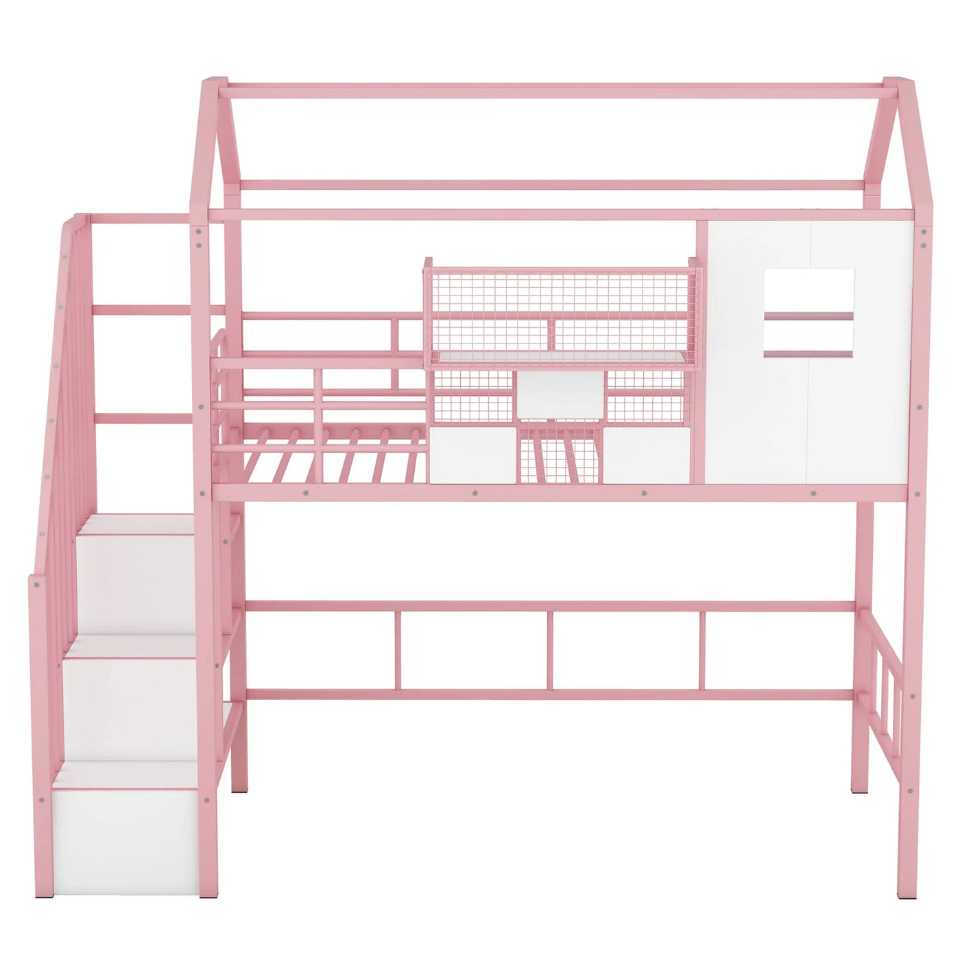 Pink Twin Metal Loft Bed with Unique Roof Design and Convenient Storage Box for Kids‘ Bedroom. Add Charm and Style to Your Child‘s Room with this Space-saving and Chic Furniture Piece.