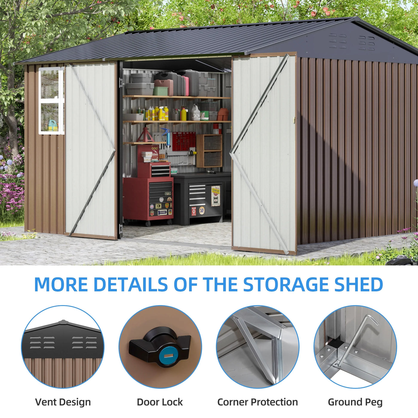 JAXPETY 10 x 10 ft Outdoor Metal Storage Shed with Window & Lockable Door for Garden, Backyard, Tool Storage Use, Brown