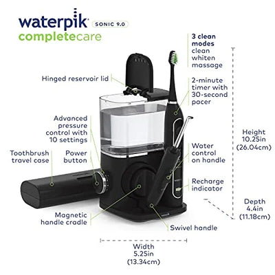 Waterpik Complete Care 9.0 Sonic Electric Toothbrush with Water Flosser, CC-01 Black, 11 Piece Set