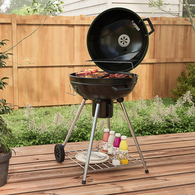 Outsunny 21" Kettle Charcoal BBQ Grill with Wheels, Barbecue, Green