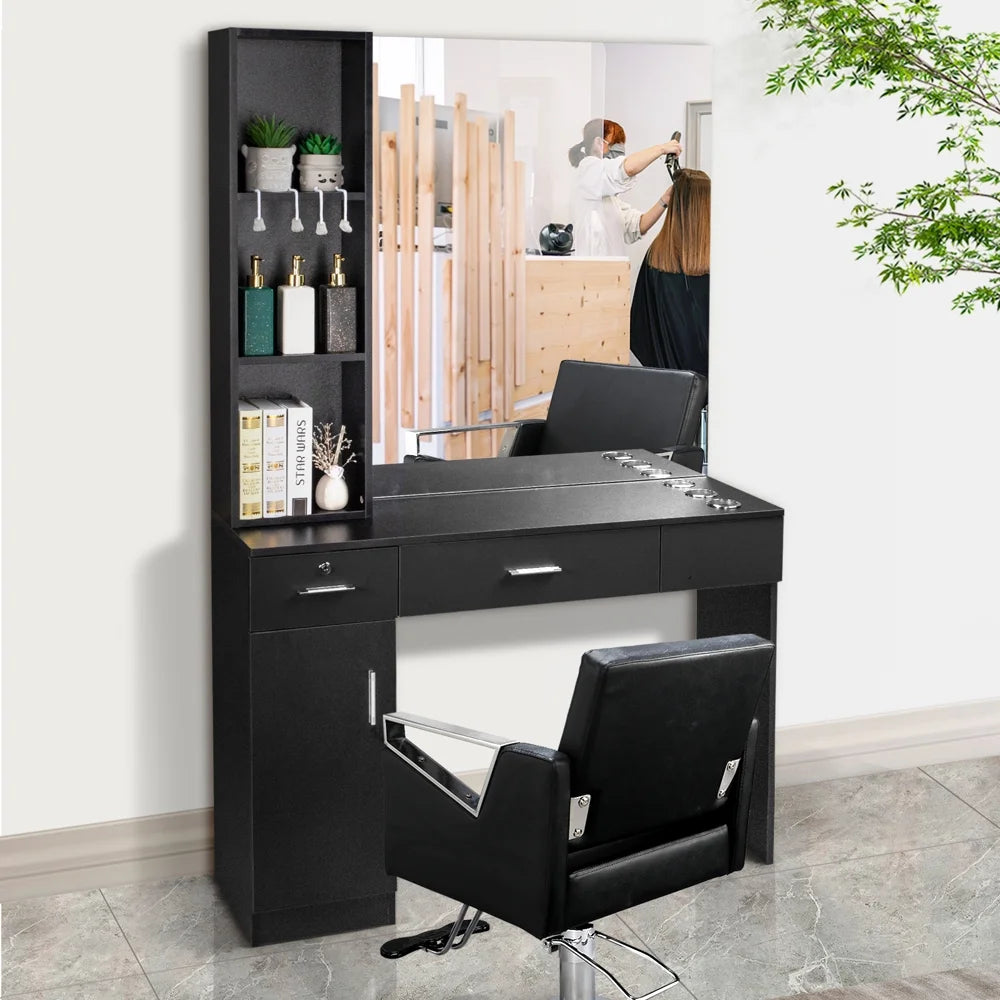 OmySalon Barber Station Wall Mount Salon Hair Styling Beauty Spa Equipment W/Mirror, 2 Drawers, 1 Storage Cabinet, 3 Open Shelves (Black)