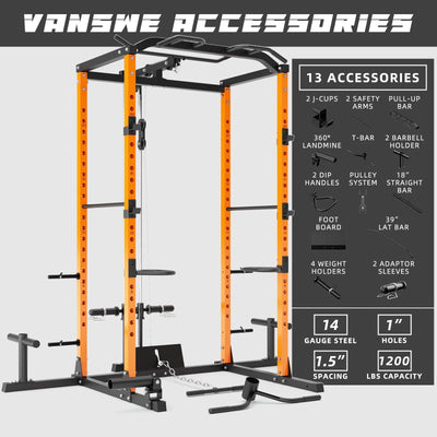 Vanswe Power Cage with LAT Pulldown Attachment, 1200-Pound Power Rack Home Gym