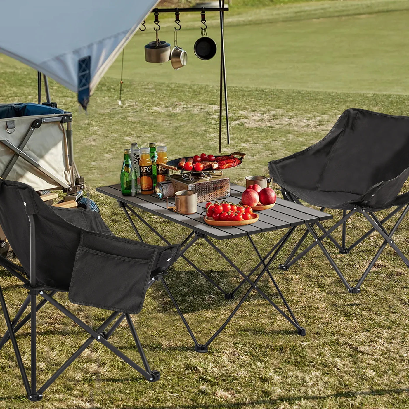 MADOG Folding Table and Chairs Set, Set of 3 Outdoor Camping Picnic Chairs and Table with Fold Up Tabletop, Pockets and Carry Bag, Black