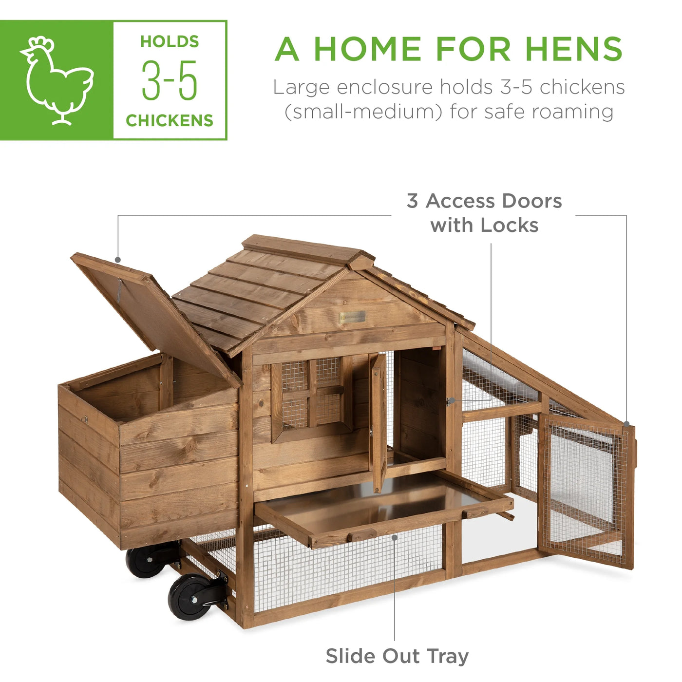 Best Choice Products 70in Mobile Fir Wood Chicken Coop Tractor Hen House w/ Wheels, 2 Doors, Nest Box, Removable Tray