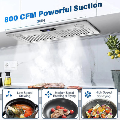 30 inch Built-In Range Hood 800CFM Kitchen Insert Stove Vent 3-Speed Touch Panel