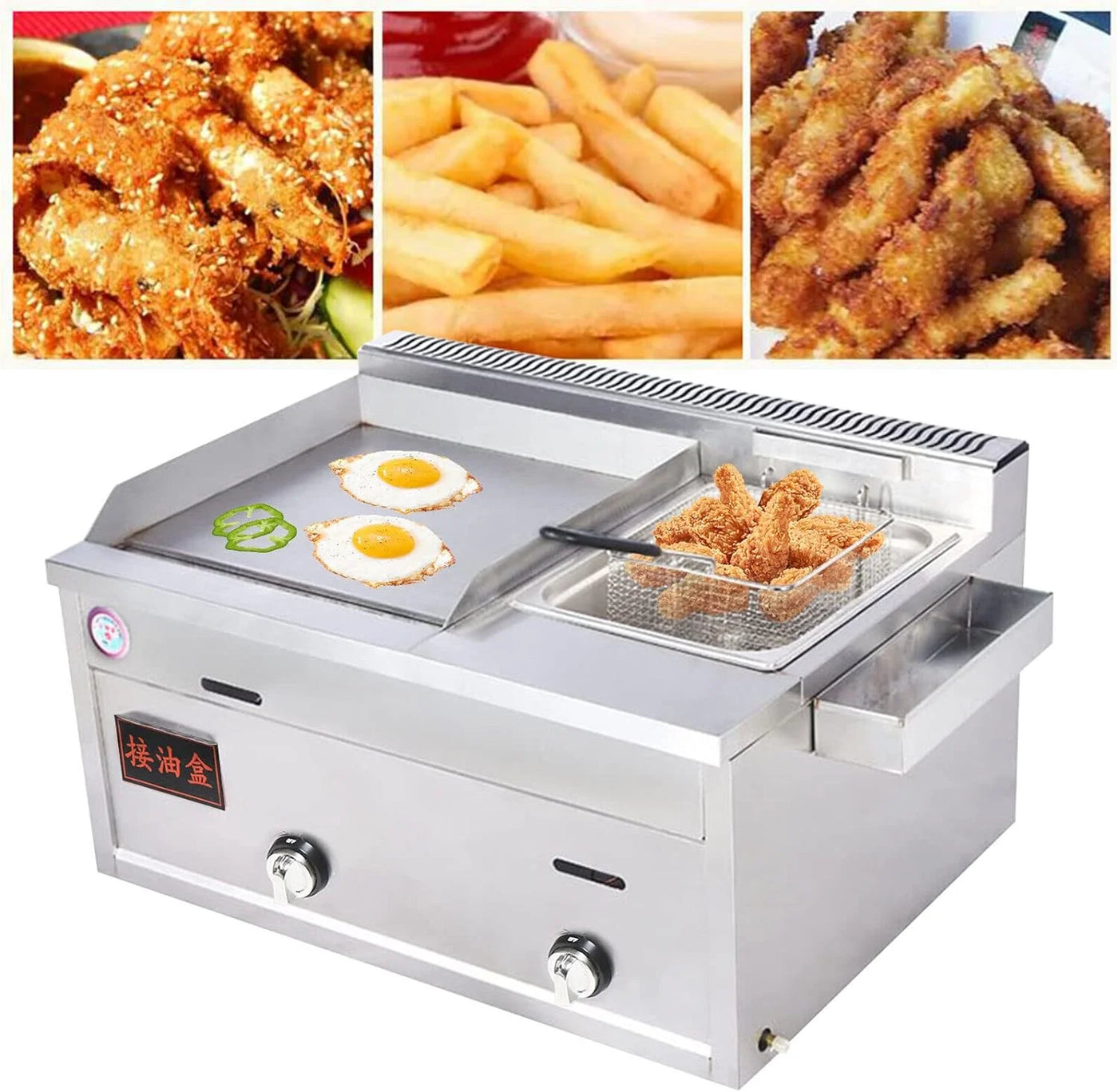 Commercial Deep Fryer with Griddle, Large Capacity Countertop Propane Gas Deep Fryer 2-Burner Stainless Steel Countertop Oil Fryer with Basket & Lid for Commercial & Home