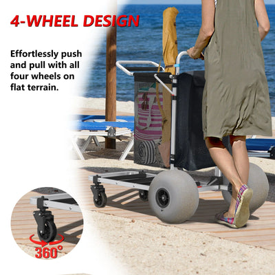 GDLF Foldable Beach Cart with Adjustable Handle and 12" Balloon Wheels, Heavy Duty Aluminum 220LBS Capacity