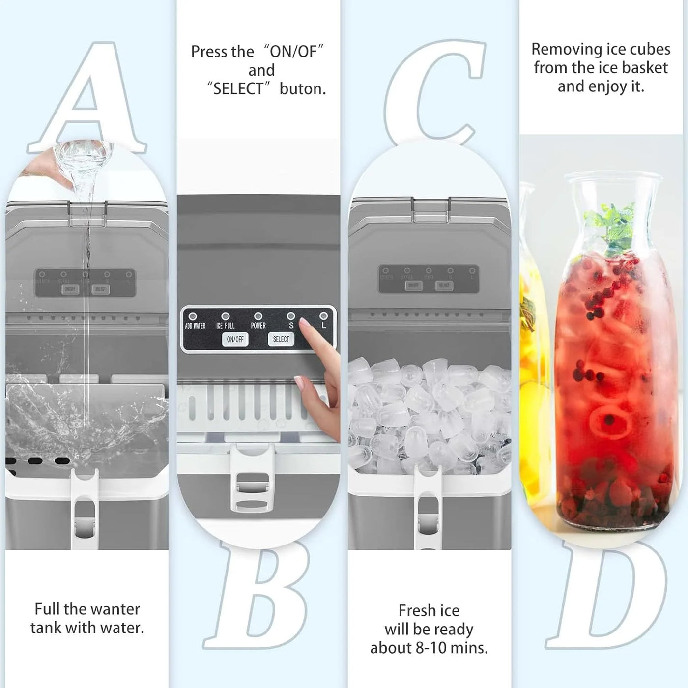 Countertop Ice Maker,Portable Ice Machine with Carry Handle,Self-Cleaning,Basket and Scoop,9 Cubes in 6 Mins,26.5lbs/24Hrs,2 Sizes of Bullet Ice,for Home,Kitchen,Party,Grey