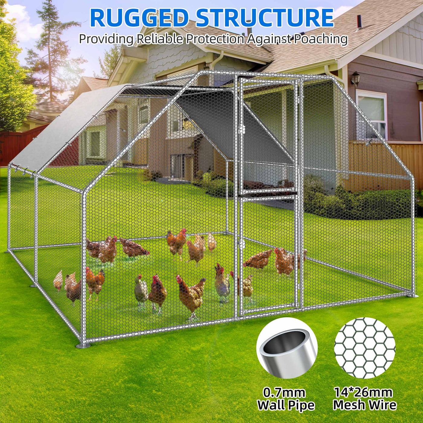 Dextrus Chicken Run Coop 13.1 x 9.8 x 6.4 ft Large Metal Chicken Coop Spire Shaped, Walk-in Hen Cage, Outdoor Poultry Cage with Waterproof Cover and Wire Mesh for Backyard,Yard Outdoor