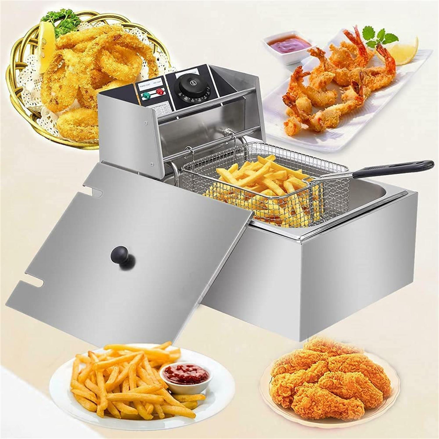 WUZSTAR 1700W Electric Deep Fryer,Stainless Steel Single Tank Restaurant Home Oil Frying Pot Kitchen Frying Machine 6.3QT/6L